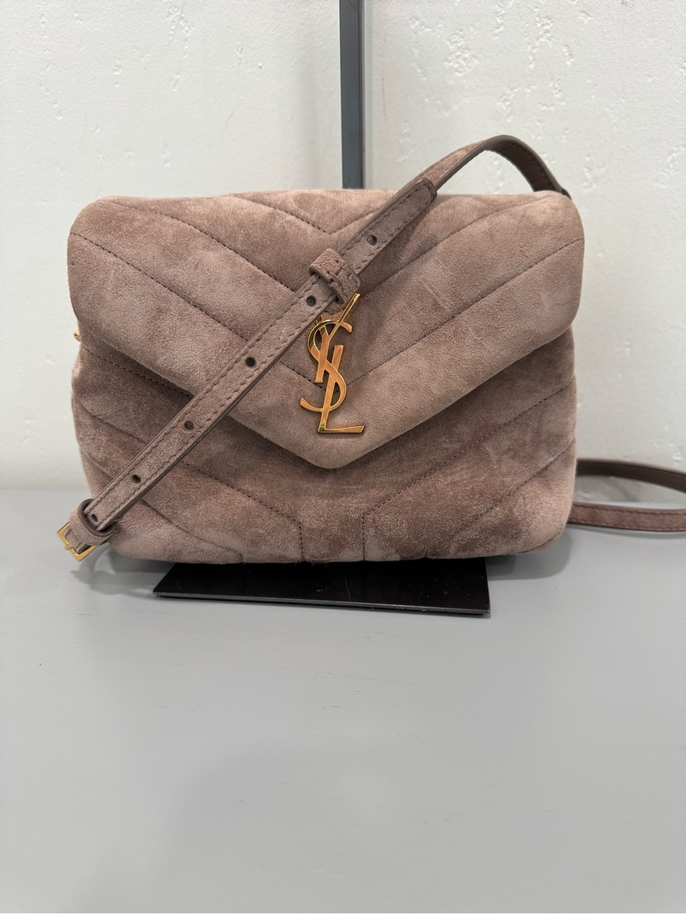 Saint Laurent toy Lou Lou Taupe Suede Crossbody with Gold YSL Logo